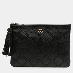 Chanel Black Medium Quilted Lambskin Double Stitch Tassel O Case Clutch