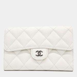 Pre Owned Chanel White Caviar Leather Caviar Medium Wallet