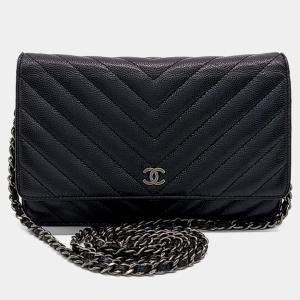 Pre Owned Chanel Black Leather Caviar Chevron WOC Mini Crossbody Bag