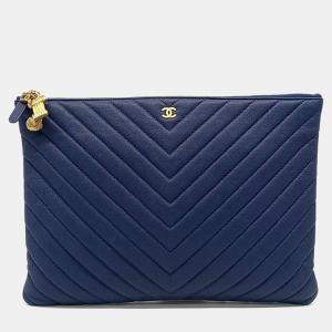 Pre Owned Chanel Blue Leather Caviar Chevron Clutch New Medium