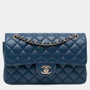 Pre Owned Chanel Blue Small Classic Lambskin Double Flap