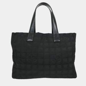 Pre Owned Chanel Black Jacquard Nylon Travel Line Tote Handbag