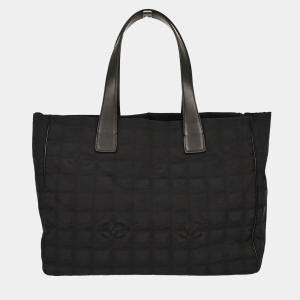 Pre Owned Chanel Black Jacquard Nylon Travel Line Tote Handbag