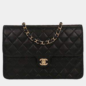Pre Owned Chanel Black Lambskin Turnlock Medium Half Flap Shoulder Bag