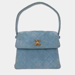 Pre Owned Chanel Light Blue Suede Straight Flap Handbag