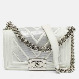 Pre Owned Chanel White/Grey Chevron Lizard and Leather Small Boy Flap Bag
