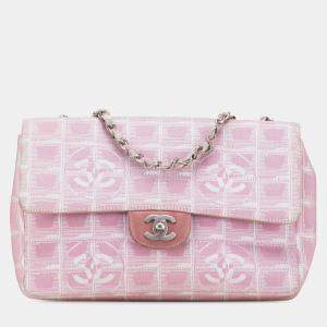 Pre Owned Chanel Pink Medium New Travel Line Nylon Single Flap