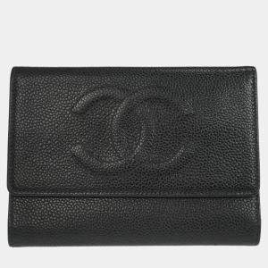 Pre Owned Chanel Black Calfskin Trifold Wallet
