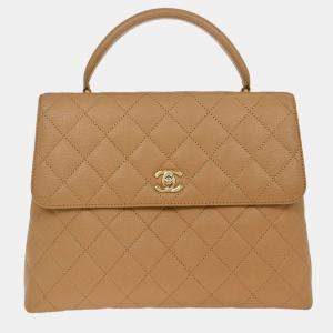 Pre Owned Chanel Beige Calfskin Top Handle Handbag