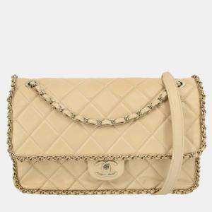 Chanel Beige Lambskin Jumbo Chain All Over Flap Shoulder Bag