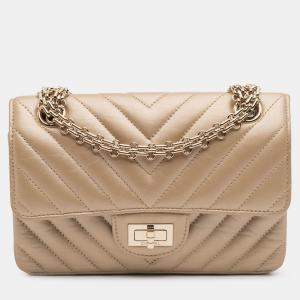Pre Owned Chanel Gold Reissue 2.55 Chevron Quilted Metallic Calfskin Single Flap 224