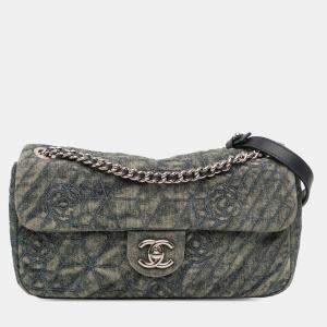 Pre Owned Chanel Blue/Green Medium Embroidered Denim Camellia Flap