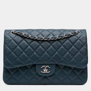 Pre Owned Chanel Blue Jumbo Classic Iridescent Caviar Double Flap