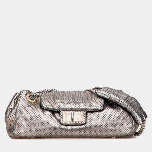 Pre Owned Chanel Silver Metallic Perforated Calfskin Drill Accordion Flap