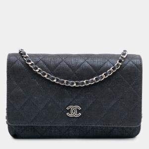 Pre Owned Chanel Navy Blue CC Quilted Metallic Fabric Wallet On Chain