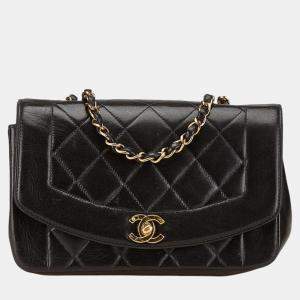 Pre Owned Chanel Matelasse Diana 22 Coco Mark Black Lambskin Shoulder Bag 