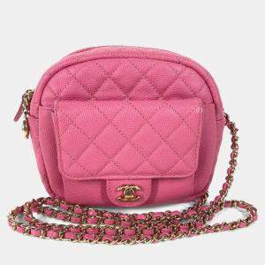 Pre Owned Chanel Matelasse Quilted Coco Mark Pink Caviar Skin Pochette Chain Shoulder Bag