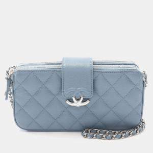 Pre Owned Chanel Half Coco Mark Matelasse Shoulder Bag In Grained Calfskin Leather  Blue