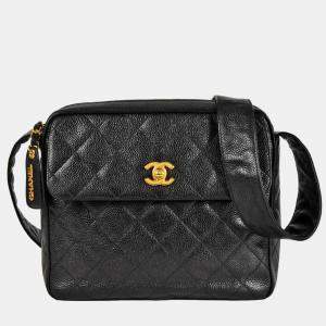 Pre Owned Chanel Coco Mark Matelasse Chain Shoulder Bag Caviar Skin Black