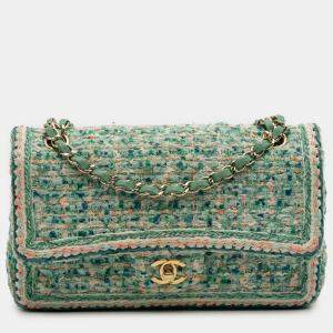 Pre Owned Chanel Green Medium Classic Quilted Tweed Braided Double Flap