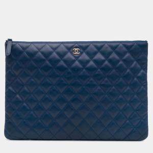 Pre Owned Chanel Blue Large Quilted Lambskin O Case Clutch