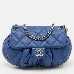 Pre Owned Chanel Blue Quilted Leather CC Flap Chain Around Bag