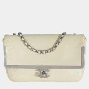 Pre Owned Chanel Cream Distressed Patent Calfskin Small Frame Single Flap Bag