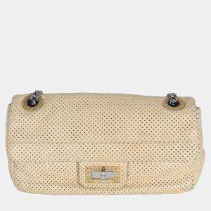 Pre Owned Chanel Beige Perforated  Lambskin Drill Flap Bag