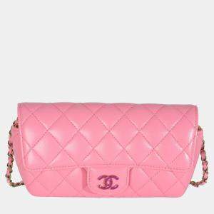 Pre Owned Chanel Pink Quilted Lambskin Sunglasses Case On Chain