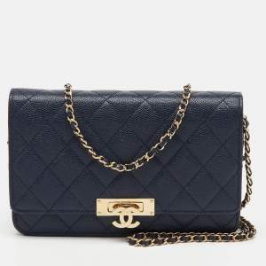 Chanel Navy Blue Quilted Caviar Leather Golden Class Wallet On Chain