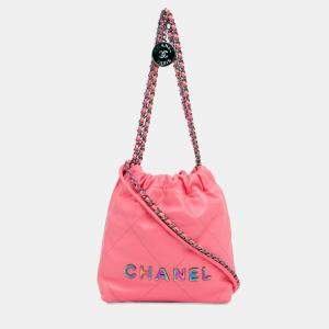 Pre Owned Chanel Pink Mini Shiny Calfskin Rainbow Hardware 22 Handbag