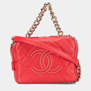 Pre Owned Chanel Red Quilted Lambskin Studded Beauty Begins Camera Bag