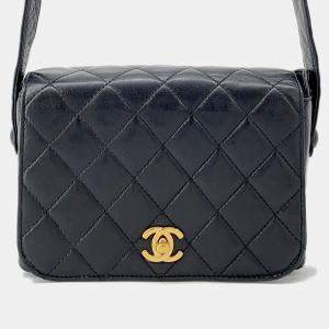 Pre Owned Chanel Full Flap Matelasse Black Lambskin Shoulder Bag
