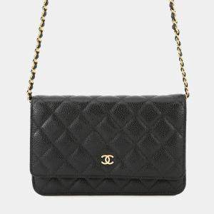 Pre Owned Chanel Matelasse Chain Wallet Black Caviar Leather