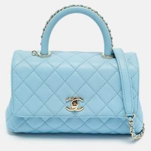 Pre Owned Chanel Light Blue Quilted Caviar Leather Mini Coco Top Handle Bag