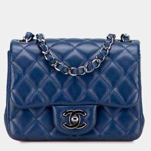 Pre Owned Chanel Blue Mini Square Classic Lambskin Single Flap