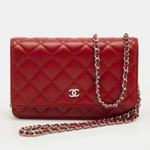 Pre Owned Chanel Red Quilted Leather Classic Wallet on Chain