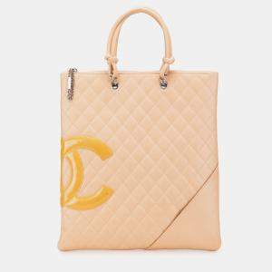 Pre Owned Chanel Beige Quilted Lambskin Cambon Ligne Flat Tote