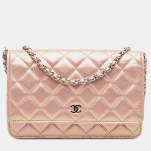 Pre Owned Chanel Pink Quilted Iridescent Lambskin Wallet on Chain