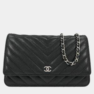 Pre Owned Chanel Black Calfskin Chevron Classic WOC Wallet On Chain