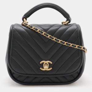 Pre Owned Chanel Reverse Chevron Black Lambskin Top Handle Single Flap Bag