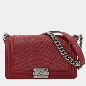 Pre Owned Chanel Boy Red Leather Chevron V-Stitch Chain Shoulder Bag