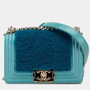 Pre Owned Chanel Blue Small Shearling Boy Flap