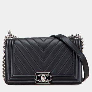 Pre Owned Chanel Black Old Medium Chevron Calfskin Boy Flap
