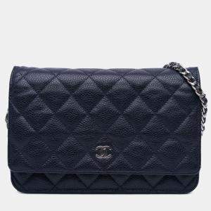 Pre Owned Chanel Navy Blue CC Quilted Caviar Wallet on Chain