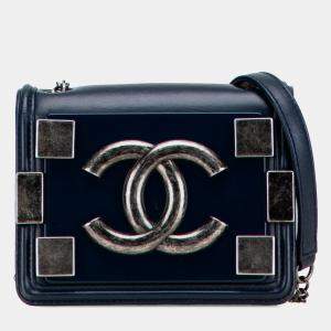 Pre Owned Chanel Navy Blue Mini Acrylic and Calfskin Boy Brick Flap