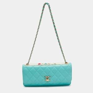 Pre Owned Chanel Turquoise Quilted Leather Trendy CC Wallet on Chain