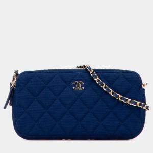 Pre Owned Chanel Blue CC Quilted Jersey Double Zip Wallet on Chain