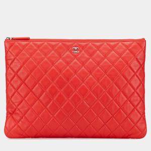 Pre Owned Chanel Red Large Quilted Lambskin O Case Clutch