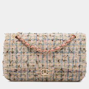 Pre Owned Chanel Pink Medium Classic Boucle Tweed Double Flap